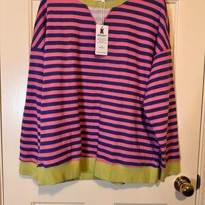 JEKAOYI Pink & Navy Striped Pullover with Lime Trim